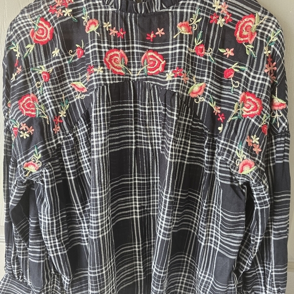 Zara Basic  Denim Embroidered Floral Checked Shirt Top Size Small Women - Picture 12 of 15